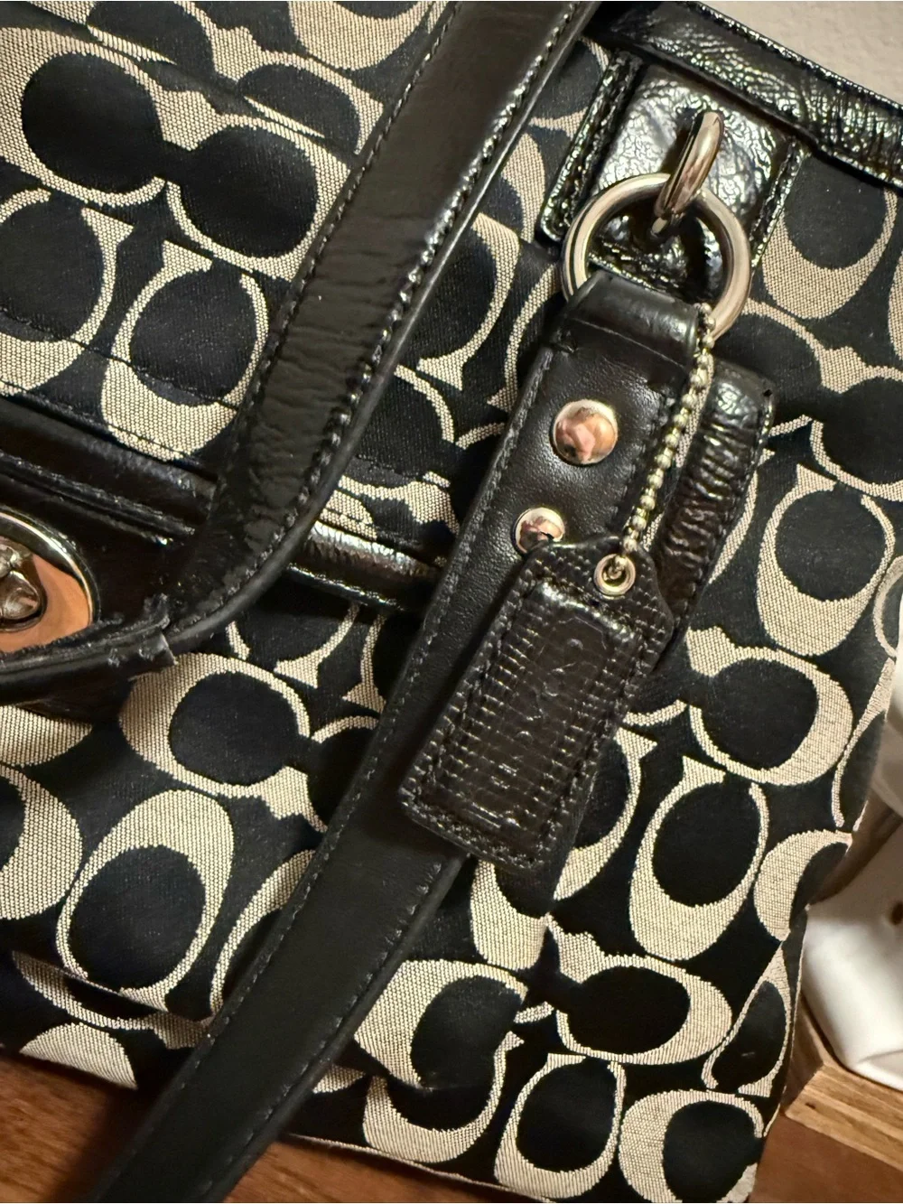 Coach Penelope Black grey Logo Shoulder Bag with Turn-Lock Front Pocket